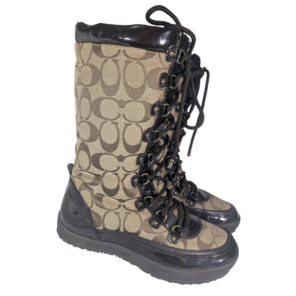 COACH! BROWN MONOGRAM & PATENT LEATHER INSULATED LACE UP WINTER BOOTS! SZ 6.5M